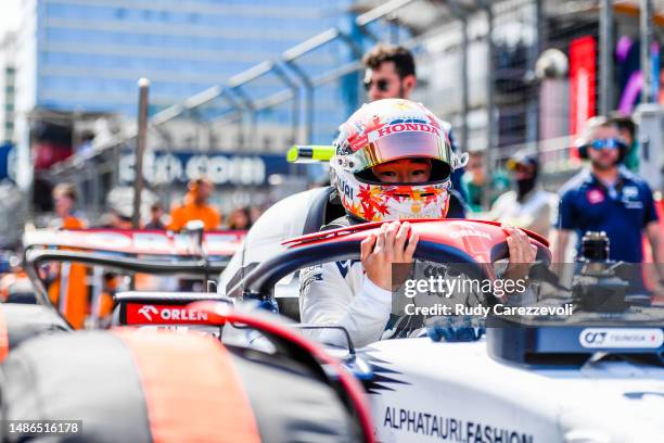 Yuki Tsunoda of Japan and Scuderia AlphaTauri prepares to drive on the grid during the F1 Grand Prix of Azerbaijan at Baku City Circuit on April 30,...