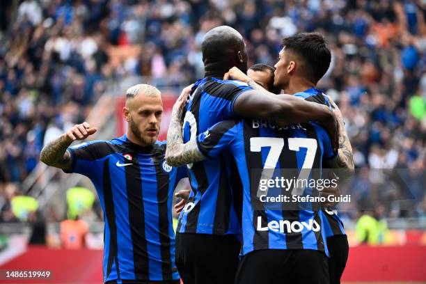 Henrix Mxit aryan of FC Internazionale celebrates a goal before the goal was disallowed for a foul during the Serie A match between FC Internazionale...