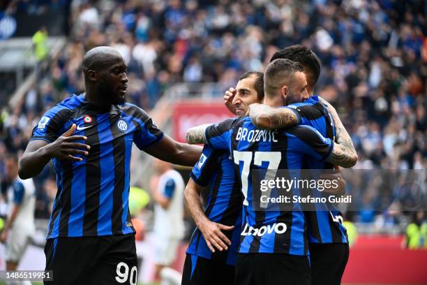 Henrix Mxit aryan of FC Internazionale celebrates a goal before the goal was disallowed for a foul during the Serie A match between FC Internazionale...