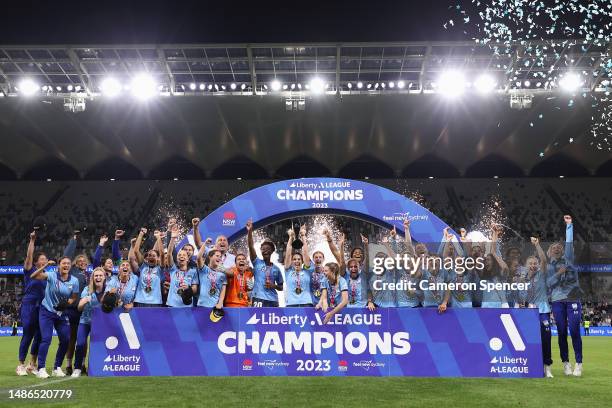 Sydney FC players celebrate winning the A-League Women's Grand Final match between Western United and Sydney FC at CommBank Stadium on April 30 in...