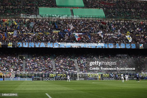 Internazionale fans display a banner reading "Amicizia eterna indissolubile e leale, sempre fianco a fianco al mio fratello laziale" during the Serie...