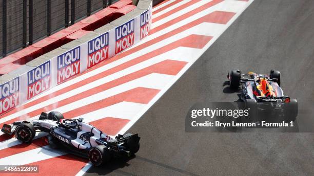 The car of Nyck de Vries of Netherlands and Scuderia AlphaTauri is pictured on track during the F1 Grand Prix of Azerbaijan at Baku City Circuit on...