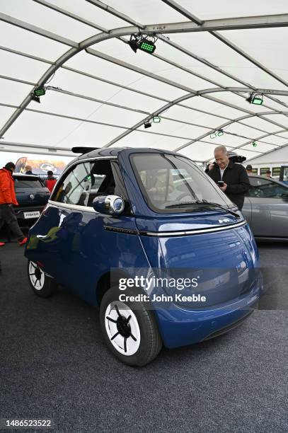 The Microlino space-saving, fully electric bubble car is displayed during the Fully Charged Live UK at Farnborough International on April 28, 2023 in...