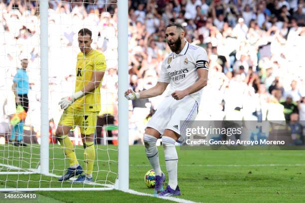 Karim Benzema of Real Madrid CF celebrates scoring their third goal during the LaLiga Santander match between Real Madrid CF and UD Almeria at...