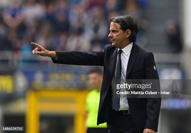 Head coach of FC Internazionale Simone Inzaghi reacts during the Serie A match between FC Internazionale and SS Lazio at Stadio Giuseppe Meazza on...