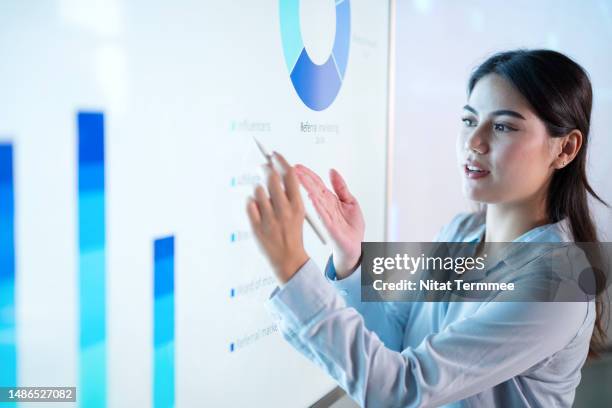 cash flow management is key to business success. a female chief financial officer on a business plan meeting to explain a financial info-graphic on an interactive screen to her colleagues in a modern business office. - cost management stockfoto's en -beelden