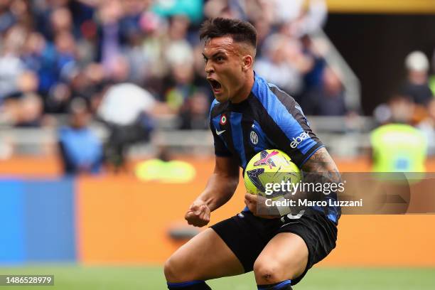 Lautaro Martinez of FC Internazionale celebrates after scoring the team's first goal during the Serie A match between FC Internazionale and SS Lazio...