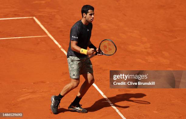 Jaume Munar of Spain celebrates a point against Matteo Arnaldi of Italy during their third round match on day seven of the Mutua Madrid Open at La...