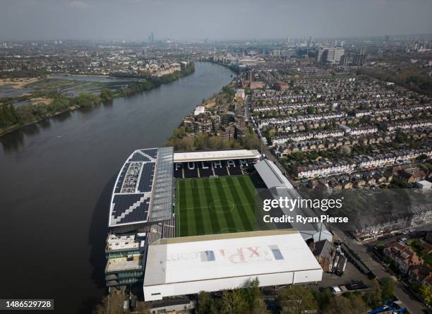 An aerial view of Craven Cottage prior to the Premier League match between Fulham FC and Manchester City at Craven Cottage on April 30, 2023 in...