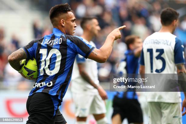 Lautaro Martinez of FC Internazionale celebrates after scoring the team's first goal during the Serie A match between FC Internazionale and SS Lazio...