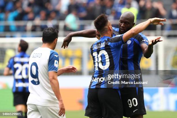 Lautaro Martinez of FC Internazionale celebrates with teammate Romelu Lukaku after scoring the team's first goal during the Serie A match between FC...