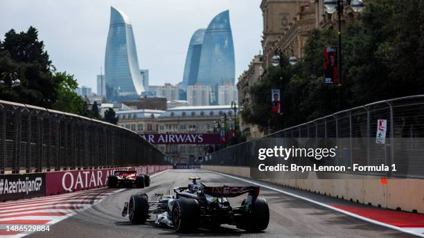 Lewis Hamilton of Great Britain driving the Mercedes AMG Petronas F1 Team W14 follow during the F1 Grand Prix of Azerbaijan at Baku City Circuit on...