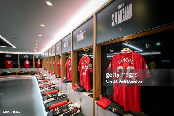 General view inside the Manchester United dressing room prior to the Premier League match between Manchester United and Aston Villa at Old Trafford...