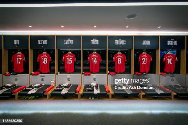 General view inside the Manchester United dressing room prior to the Premier League match between Manchester United and Aston Villa at Old Trafford...