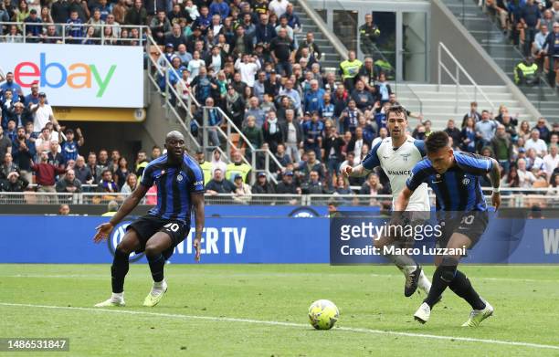 Lautaro Martinez of FC Internazionale scores the team's third goal during the Serie A match between FC Internazionale and SS Lazio at Stadio Giuseppe...