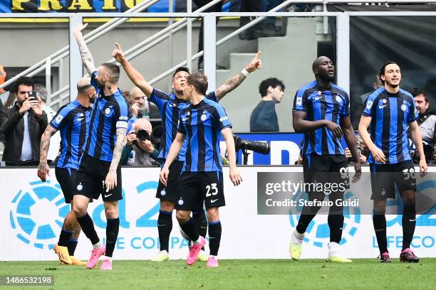 Lautaro Martinez of FC Internazionale celebrates a goal during the Serie A match between FC Internazionale and SS Lazio at Stadio Giuseppe Meazza on...