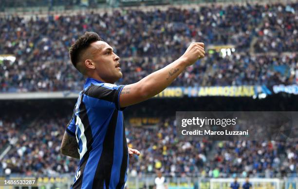 Lautaro Martinez of FC Internazionale celebrates after scoring the team's third goal during the Serie A match between FC Internazionale and SS Lazio...