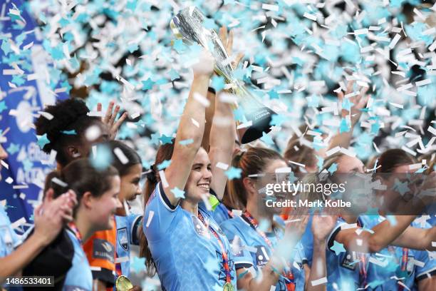 Natalie Tobin of Sydney FC celebrates with the trophy after victory in the A-League Women's Grand Final match between Western United and Sydney FC at...