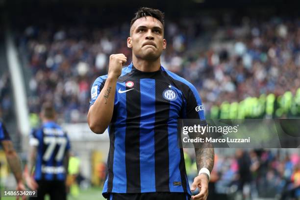 Lautaro Martinez of FC Internazionale celebrates after scoring the team's third goal during the Serie A match between FC Internazionale and SS Lazio...