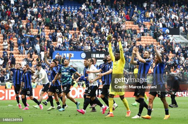 Internazionale player celebrates towards the fans after the team's victory in the Serie A match between FC Internazionale and SS Lazio at Stadio...