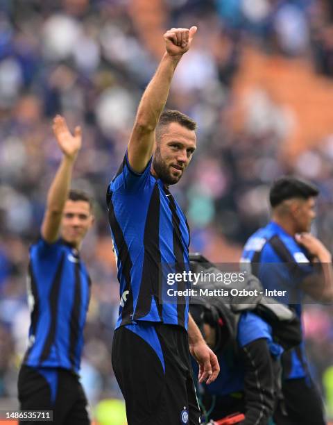 Stefan De Vrij of FC Internazionale in celebrates the win at the end of the Serie A match between FC Internazionale and SS Lazio at Stadio Giuseppe...