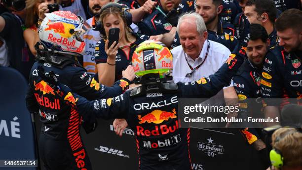Race winner Sergio Perez of Mexico and Oracle Red Bull Racing and Second placed Max Verstappen of the Netherlands and Oracle Red Bull Racing...