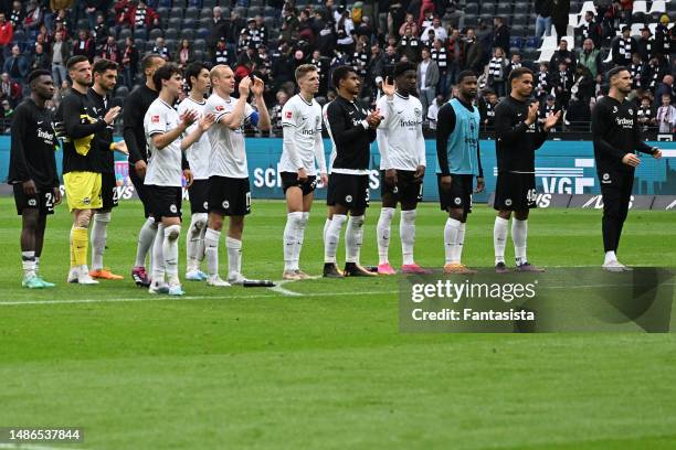 Eintracht Frankfurt players applaud the supporters at full-time following the Bundesliga match between Eintracht Frankfurt and FC Augsburg at...