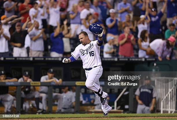 Billy Butler of the Kansas City Royals celebrates his game-winning home run during a game against the Seattle Mariners in the ninth inningat Kauffman...