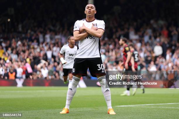 Carlos Vinicius of Fulham celebrates after scoring the team's first goal during the Premier League match between Fulham FC and Manchester City at...