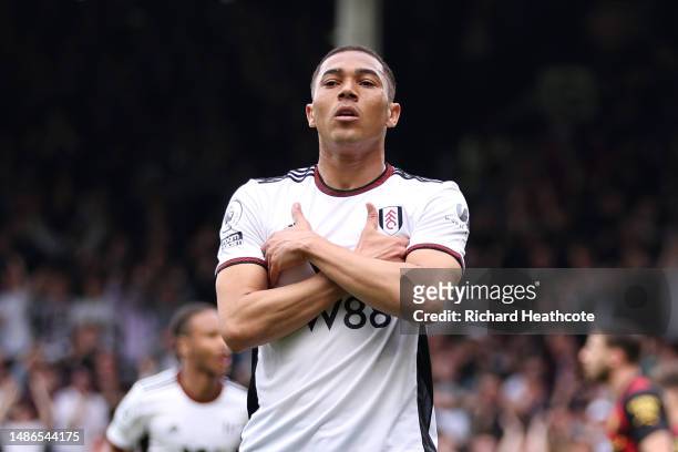 Carlos Vinicius of Fulham celebrates after scoring the team's first goal during the Premier League match between Fulham FC and Manchester City at...