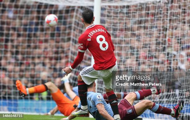 Bruno Fernandes of Manchester United scores their first goal during the Premier League match between Manchester United and Aston Villa at Old...
