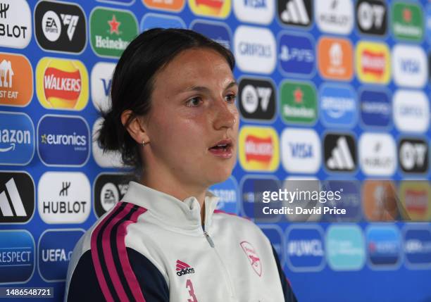 Lotte Wubben-Moy of Arsenal speaks during the Arsenal Women's Press Conference at London Colney on April 30, 2023 in St Albans, England.