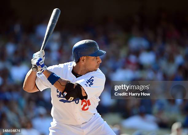 Juan Rivera of the Los Angeles Dodgers at bat against the New York Mets at Dodger Stadium on June 30, 2012 in Los Angeles, California.