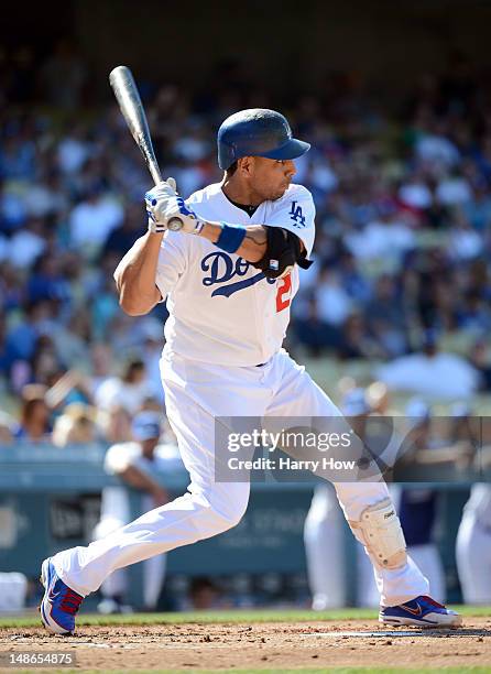 Juan Rivera of the Los Angeles Dodgers at bat against the New York Mets at Dodger Stadium on June 30, 2012 in Los Angeles, California.