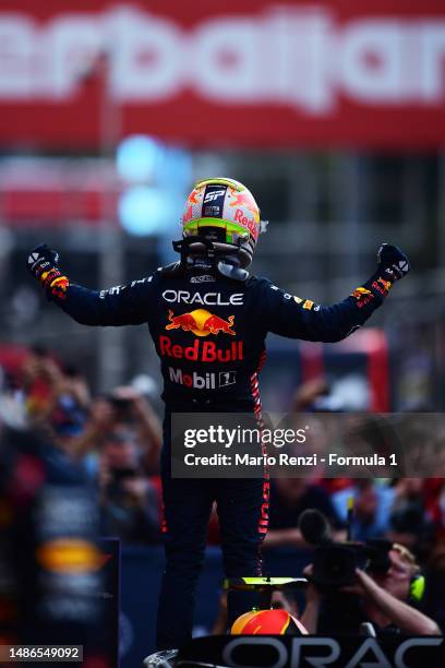 Race winner Sergio Perez of Mexico and Oracle Red Bull Racing celebrates in parc ferme during the F1 Grand Prix of Azerbaijan at Baku City Circuit on...