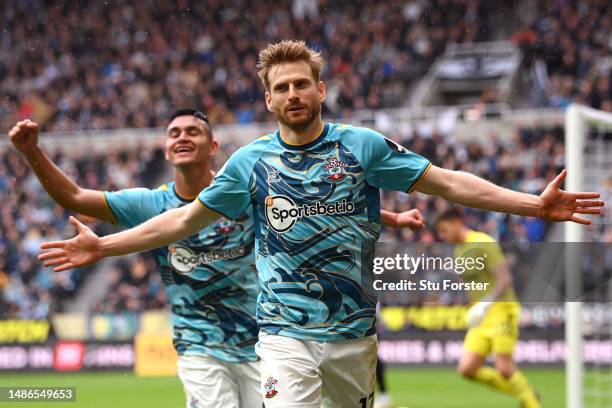 Stuart Armstrong of Southampton celebrates after scoring the team's first goal during the Premier League match between Newcastle United and...