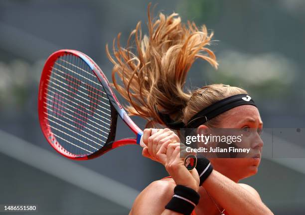 Marie Bouzkova of Czech Replublic in action against Jessica Pegula of USA during the women's third round match on Day Seven of the Mutua Madrid Open...