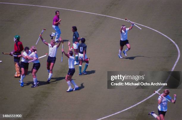 German hockey players celebrate during the final of the men's field hockey tournament of the 1984 Summer Olympics, between West Germany and Pakistan,...