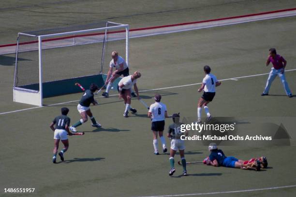 Hockey players in action during the final of the men's field hockey tournament of the 1984 Summer Olympics, between West Germany and Pakistan, held...