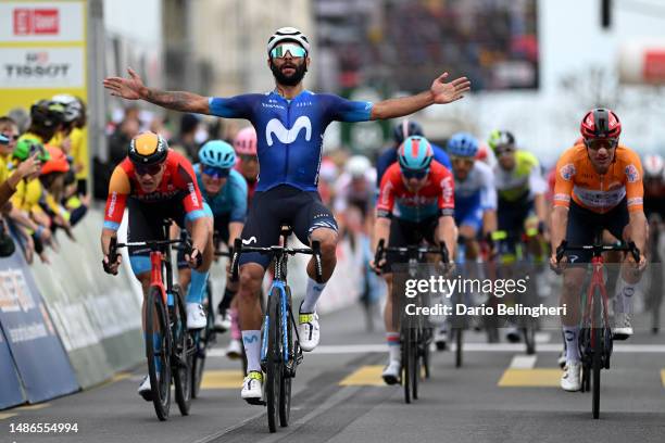 Fernando Gaviria of Colombia and Movistar Team celebrates at finish line as stage winner ahead of Nikias Arndt of Germany and Team Bahrain Victorious...