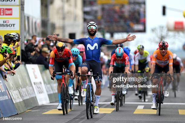 Fernando Gaviria of Colombia and Movistar Team celebrates at finish line as stage winner ahead of Nikias Arndt of Germany and Team Bahrain Victorious...