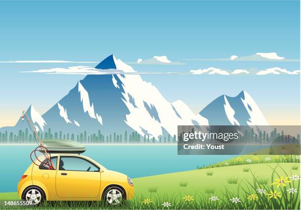 mountain vacations - pond stock illustrations