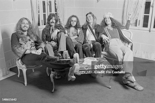 Rock group Deep Purple posed in Japan in December 1975. Left to right: singer David Coverdale, keyboard player Jon Lord, drummer Ian Paice, guitarist...