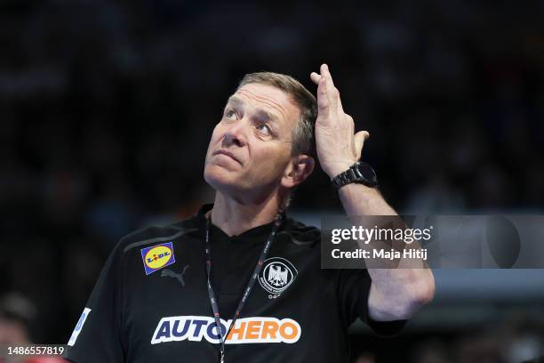 Alfred Gislason head coach of Germany reacts during the EHF Euro Cup match between Germany and Spain on April 30, 2023 in Berlin, Germany.