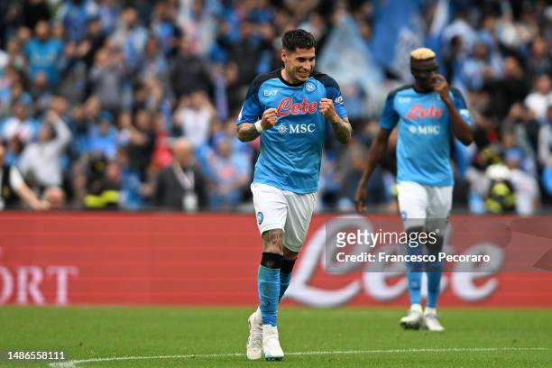 Mathias Olivera of SSC Napoli celebrates after scoring the 1-0 goal during the Serie A match between SSC Napoli and Salernitana at Stadio Diego...