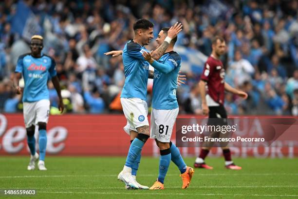 Mathias Olivera of SSC Napoli celebrates after scoring the 1-0 goal during the Serie A match between SSC Napoli and Salernitana at Stadio Diego...