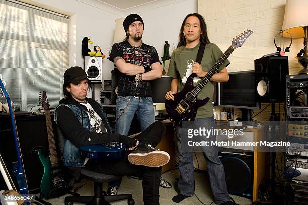 Sam Totman, Frederic Leclercq and Herman Li of British power metal band DragonForce, during a portrait shoot at Herman Li's home studio, November 15,...