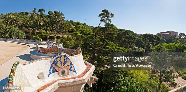 barcelona parc güell gaudí mosaic terrace panorama catalonia spain - royal parks stock pictures, royalty-free photos & images