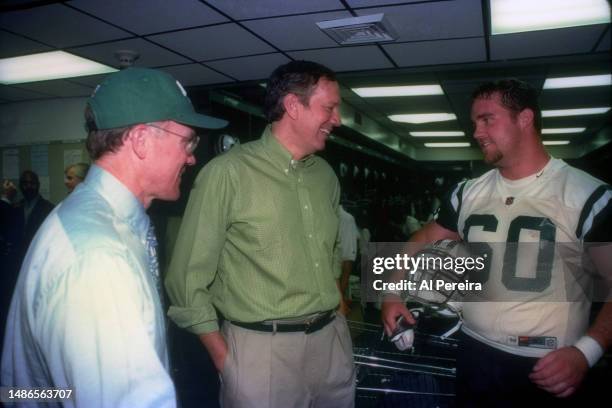 New York Jets Owner Woody Johnson meets with New Yok Governor George Pataki and Center Dennis O' Sullivan at New York Jets minicamp at their Training...