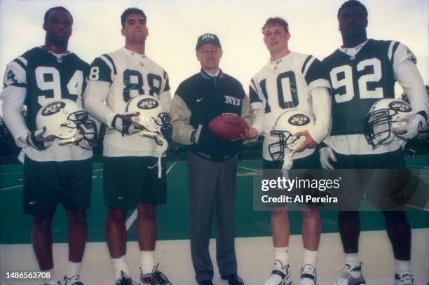 New York Jets Owner Woody Johnson appears with the four 2000 NFL Draft First Round Picks-- Linebacker John Abraham, Tight End Anthony Becht,...